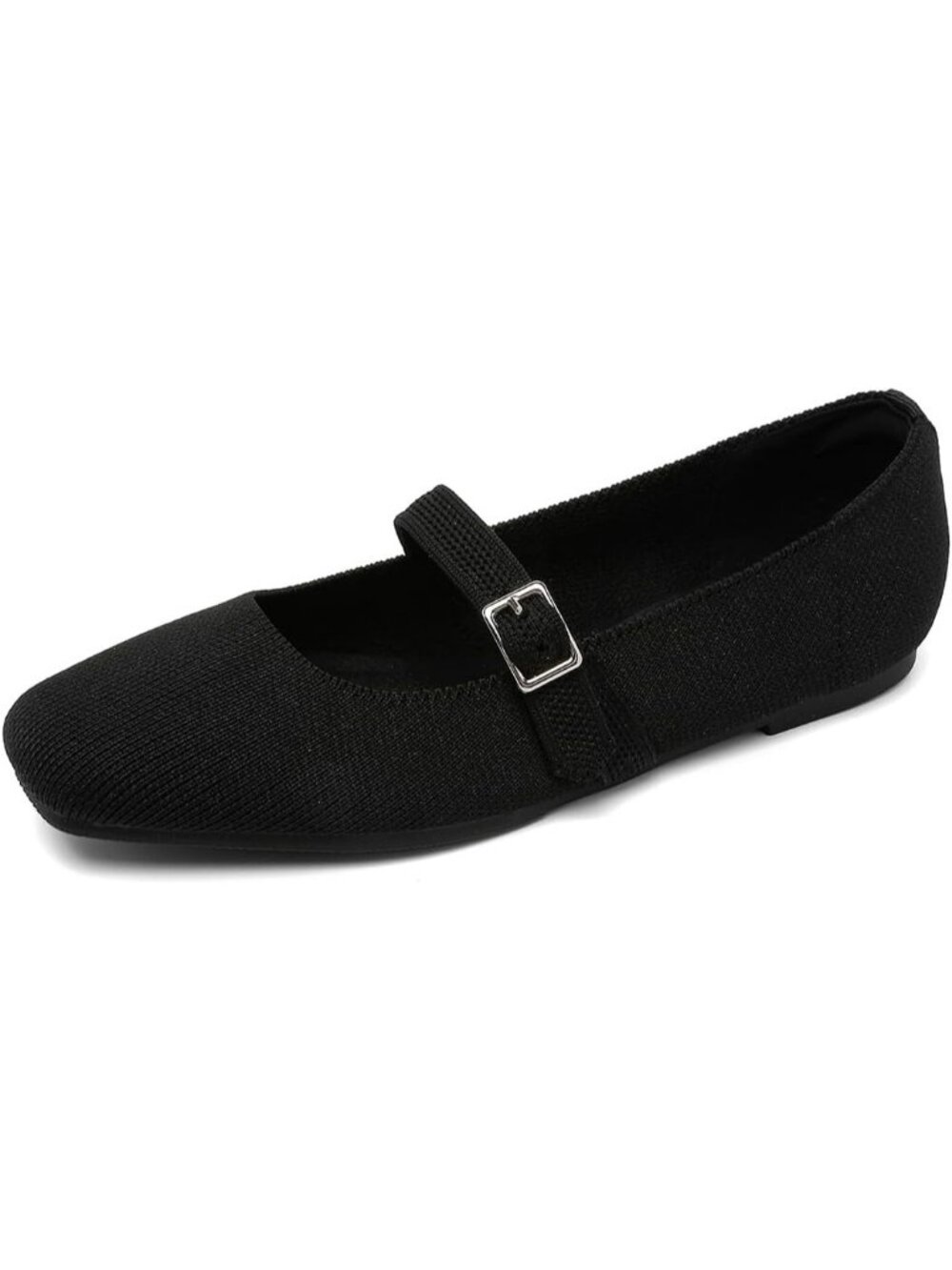 Women's Black Rubber Knit Square Toe Flats Ankle Strap Buckle Comfortable Shoes